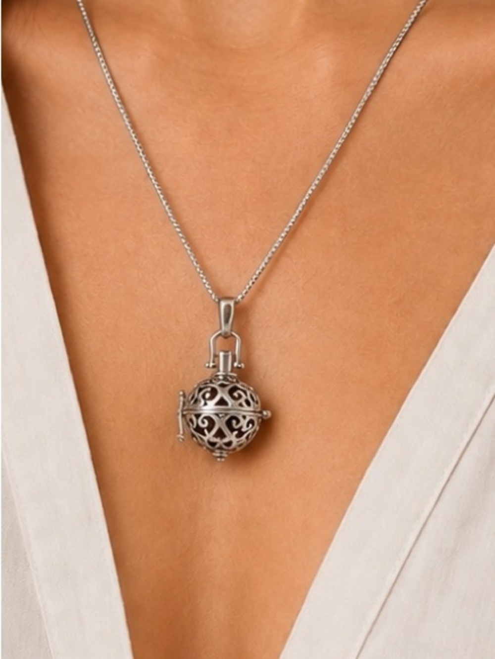 NEW - Silver Filigree Locket Pendant Necklace Aromatherapy w Six Lava Beads